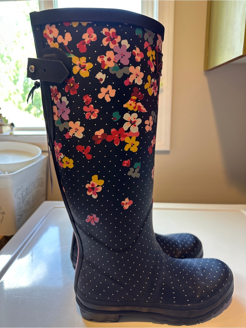 Joules Navy Floral & White Polka Dot Tall Rain Boots - Picture 3 of 11